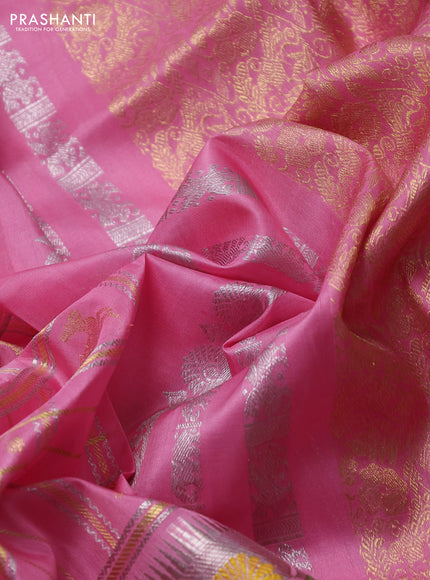 Venkatagiri silk saree light pink with allover silver & zari checks buttas and long silver zari woven border