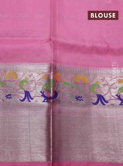 Venkatagiri silk saree light pink with allover silver & zari checks buttas and long silver zari woven border