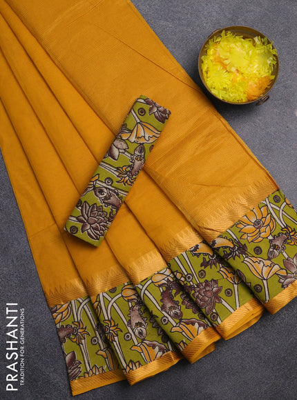 Mangalagiri cotton saree mustard yellow and light green with plain body and rettapet zari woven kalamkari border