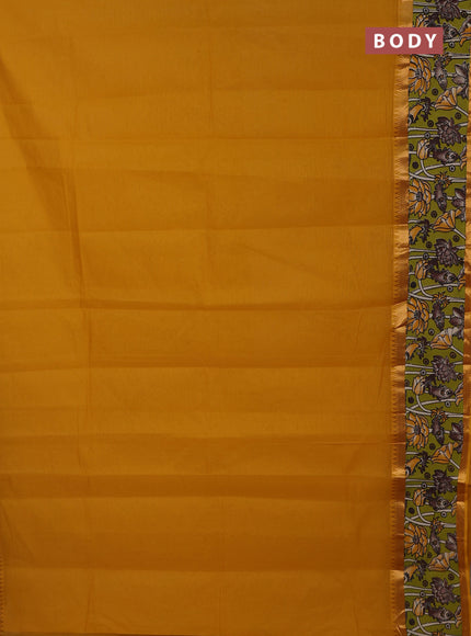 Mangalagiri cotton saree mustard yellow and light green with plain body and rettapet zari woven kalamkari border