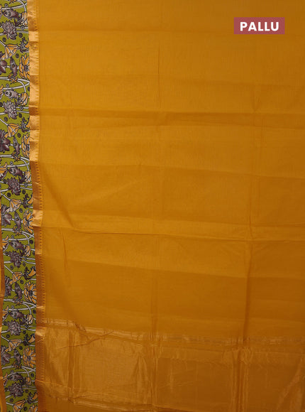 Mangalagiri cotton saree mustard yellow and light green with plain body and rettapet zari woven kalamkari border