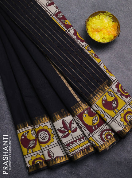 Mangalagiri cotton saree black and beige yellow with plain body and rettapet zari woven kalamkari border