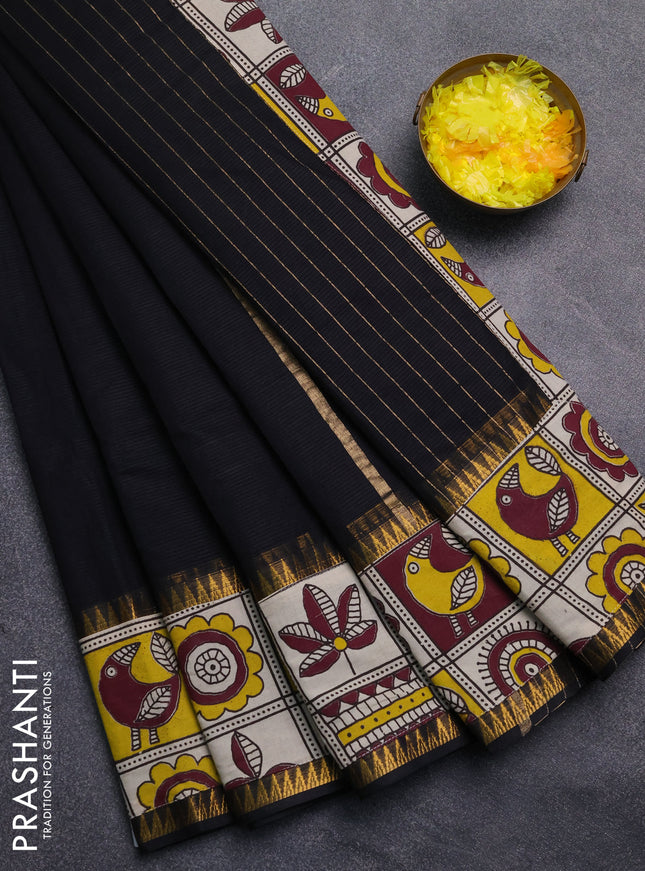 Mangalagiri cotton saree black and beige yellow with plain body and rettapet zari woven kalamkari border