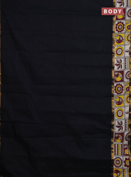 Mangalagiri cotton saree black and beige yellow with plain body and rettapet zari woven kalamkari border