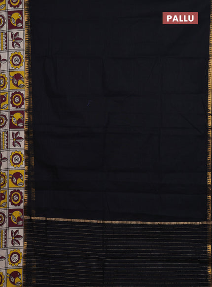 Mangalagiri cotton saree black and beige yellow with plain body and rettapet zari woven kalamkari border