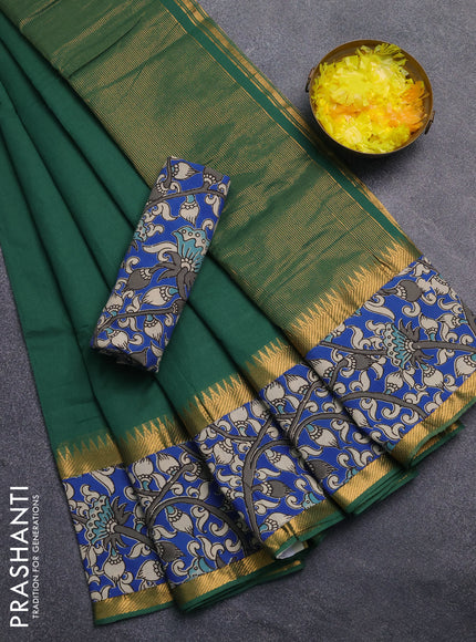 Mangalagiri cotton saree green and blue with plain body and rettapet zari woven kalamkari border