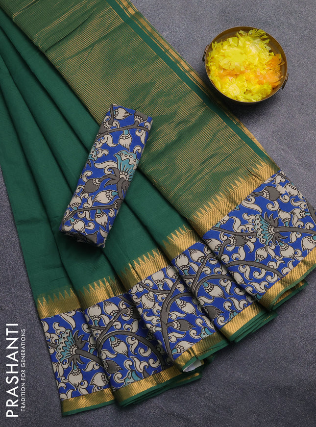 Mangalagiri cotton saree green and blue with plain body and rettapet zari woven kalamkari border