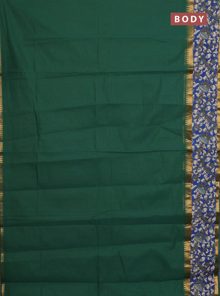 Mangalagiri cotton saree green and blue with plain body and rettapet zari woven kalamkari border