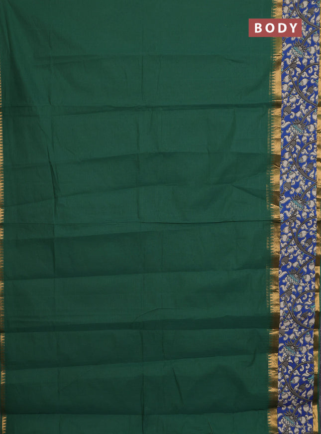 Mangalagiri cotton saree green and blue with plain body and rettapet zari woven kalamkari border