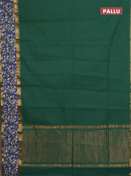 Mangalagiri cotton saree green and blue with plain body and rettapet zari woven kalamkari border