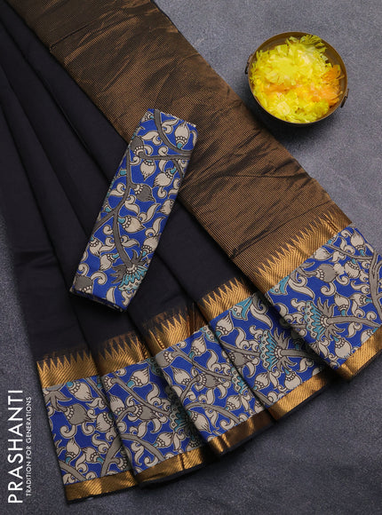 Mangalagiri cotton saree black and blue with plain body and rettapet zari woven kalamkari border