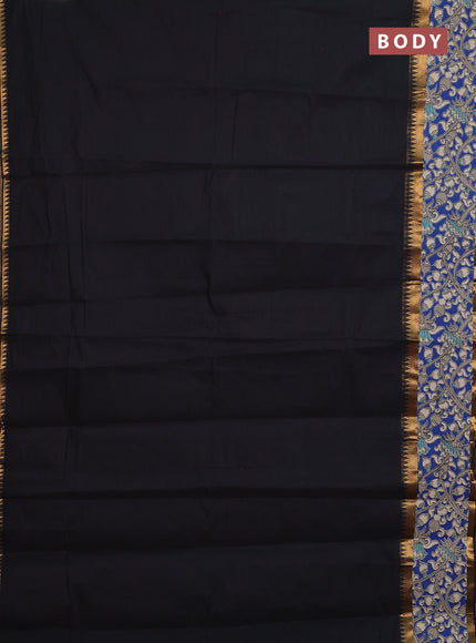 Mangalagiri cotton saree black and blue with plain body and rettapet zari woven kalamkari border