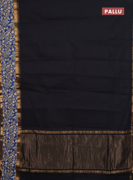 Mangalagiri cotton saree black and blue with plain body and rettapet zari woven kalamkari border