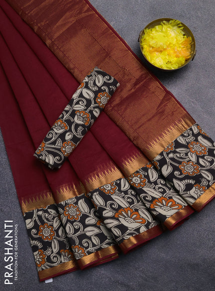 Mangalagiri cotton saree maroon and black with plain body and rettapet zari woven kalamkari border
