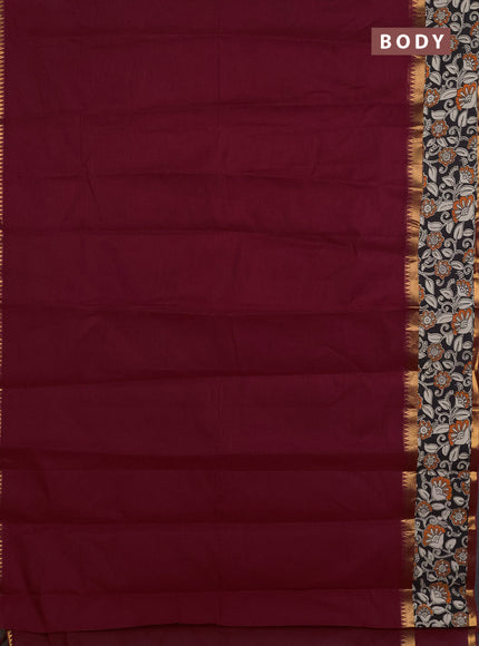 Mangalagiri cotton saree maroon and black with plain body and rettapet zari woven kalamkari border