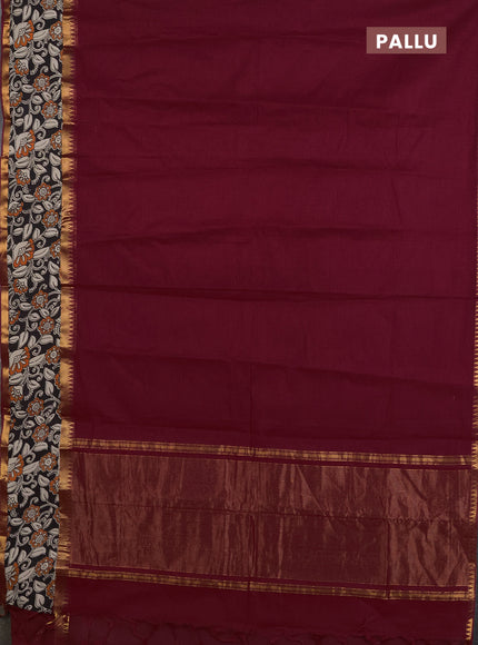 Mangalagiri cotton saree maroon and black with plain body and rettapet zari woven kalamkari border