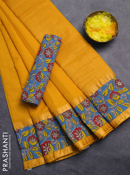 Mangalagiri cotton saree yellow and cs blue with plain body and rettapet zari woven kalamkari border