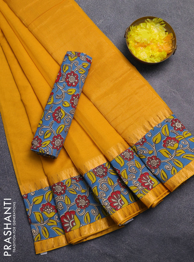 Mangalagiri cotton saree yellow and cs blue with plain body and rettapet zari woven kalamkari border