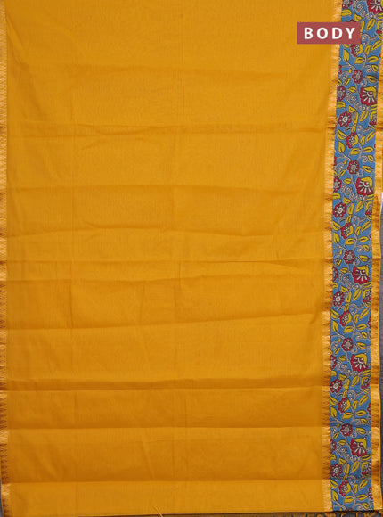 Mangalagiri cotton saree yellow and cs blue with plain body and rettapet zari woven kalamkari border