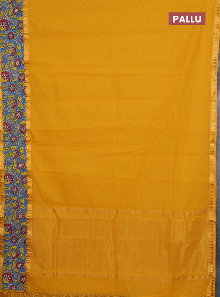 Mangalagiri cotton saree yellow and cs blue with plain body and rettapet zari woven kalamkari border