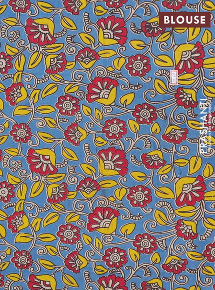 Mangalagiri cotton saree yellow and cs blue with plain body and rettapet zari woven kalamkari border