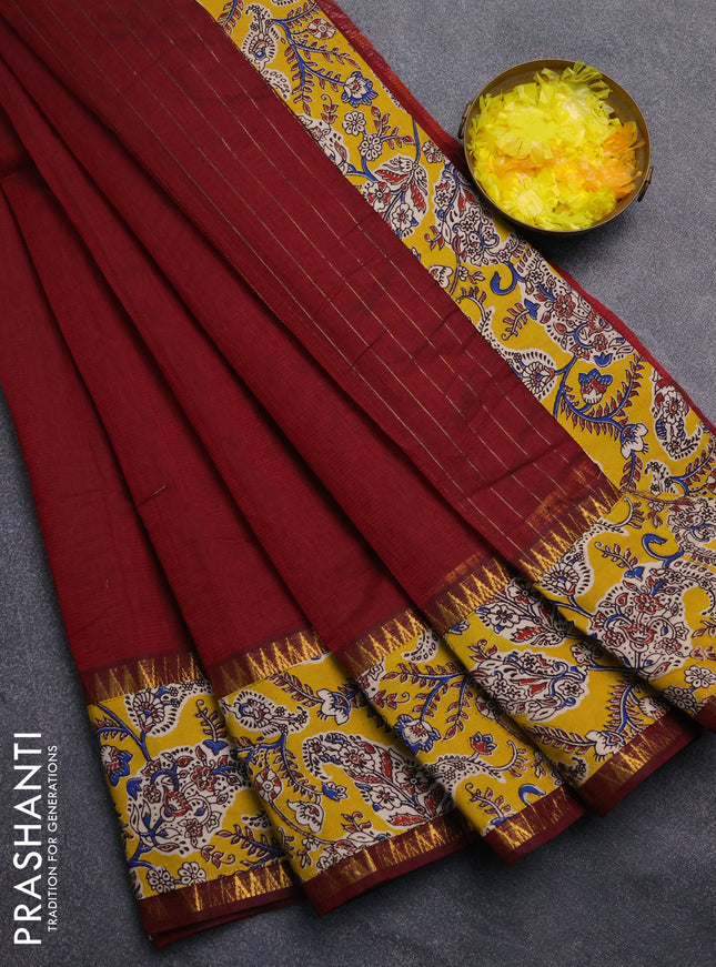 Mangalagiri cotton saree maroon and yellow with plain body and rettapet zari woven kalamkari border