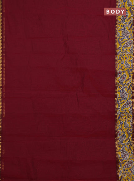 Mangalagiri cotton saree maroon and yellow with plain body and rettapet zari woven kalamkari border