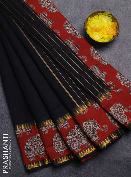 Mangalagiri cotton saree black and maroon with plain body and rettapet zari woven kalamkari border