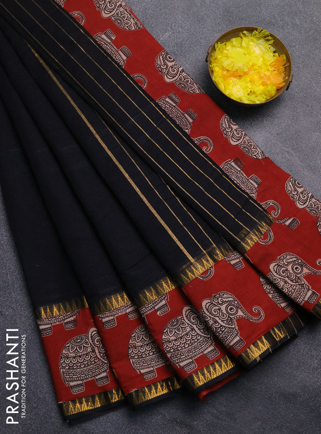 Mangalagiri cotton saree black and maroon with plain body and rettapet zari woven kalamkari border