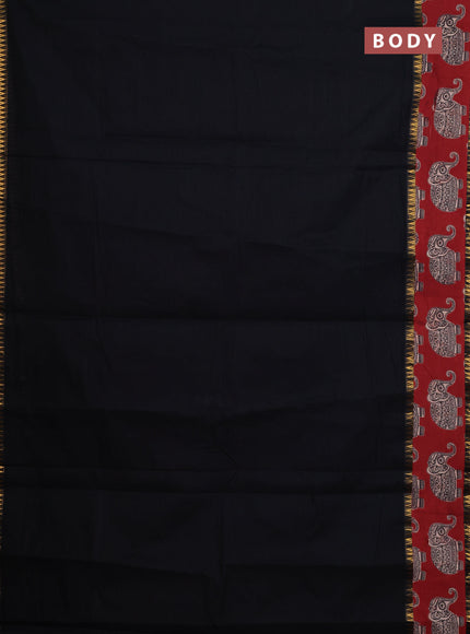Mangalagiri cotton saree black and maroon with plain body and rettapet zari woven kalamkari border