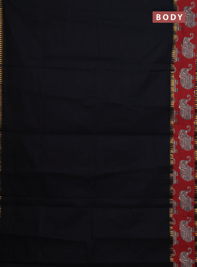 Mangalagiri cotton saree black and maroon with plain body and rettapet zari woven kalamkari border