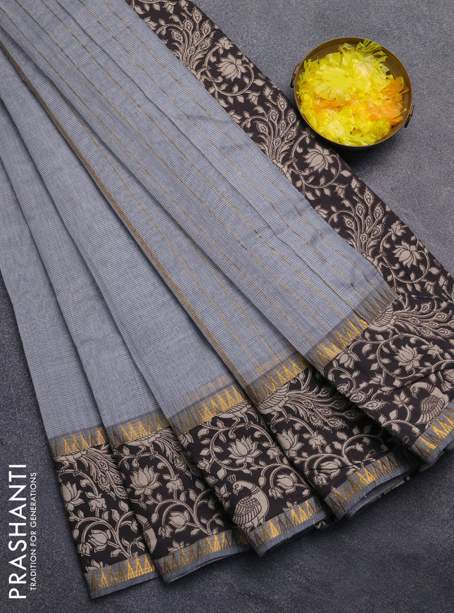 Mangalagiri cotton saree grey and black with plain body and rettapet zari woven kalamkari border
