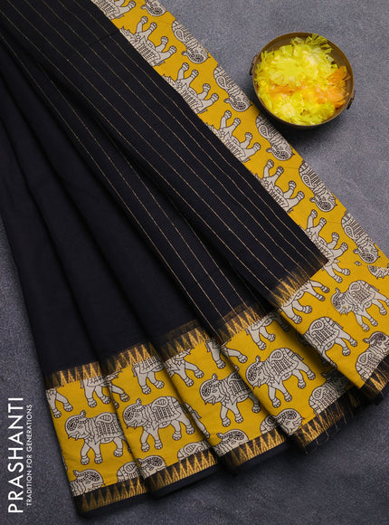 Mangalagiri cotton saree black and yellow with plain body and rettapet zari woven kalamkari border
