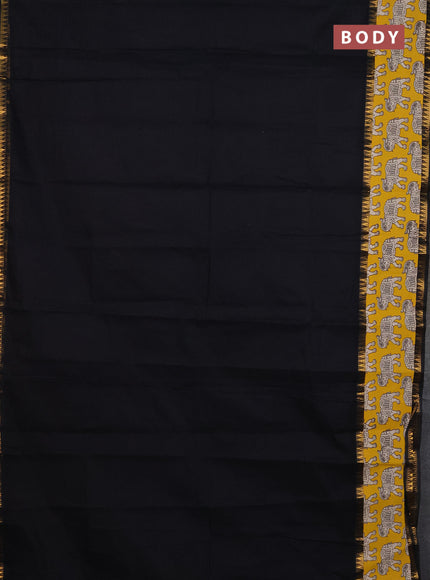 Mangalagiri cotton saree black and yellow with plain body and rettapet zari woven kalamkari border