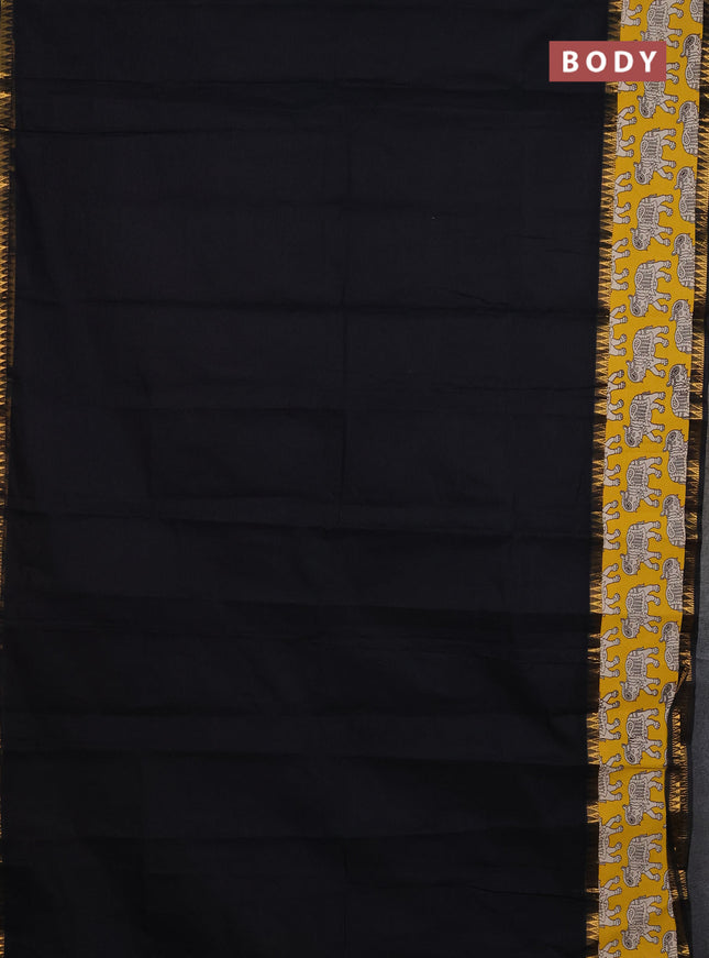 Mangalagiri cotton saree black and yellow with plain body and rettapet zari woven kalamkari border