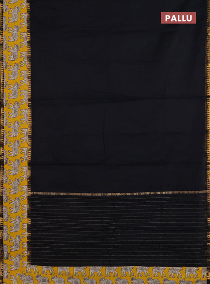 Mangalagiri cotton saree black and yellow with plain body and rettapet zari woven kalamkari border