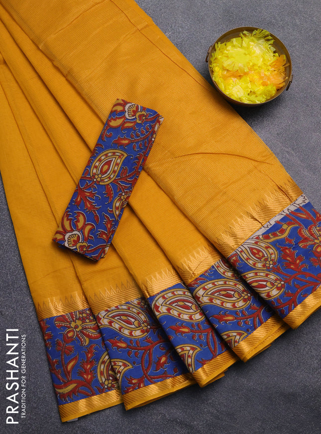 Mangalagiri cotton saree mustard yellow and blue with plain body and rettapet zari woven kalamkari border