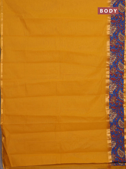 Mangalagiri cotton saree mustard yellow and blue with plain body and rettapet zari woven kalamkari border