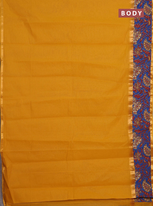 Mangalagiri cotton saree mustard yellow and blue with plain body and rettapet zari woven kalamkari border