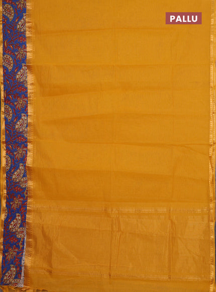 Mangalagiri cotton saree mustard yellow and blue with plain body and rettapet zari woven kalamkari border