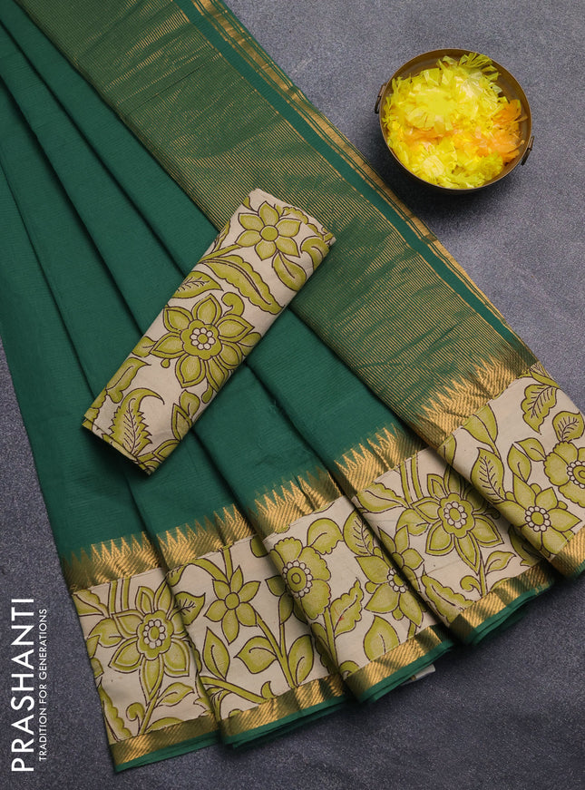 Mangalagiri cotton saree green and beige with plain body and rettapet zari woven kalamkari border