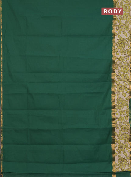 Mangalagiri cotton saree green and beige with plain body and rettapet zari woven kalamkari border