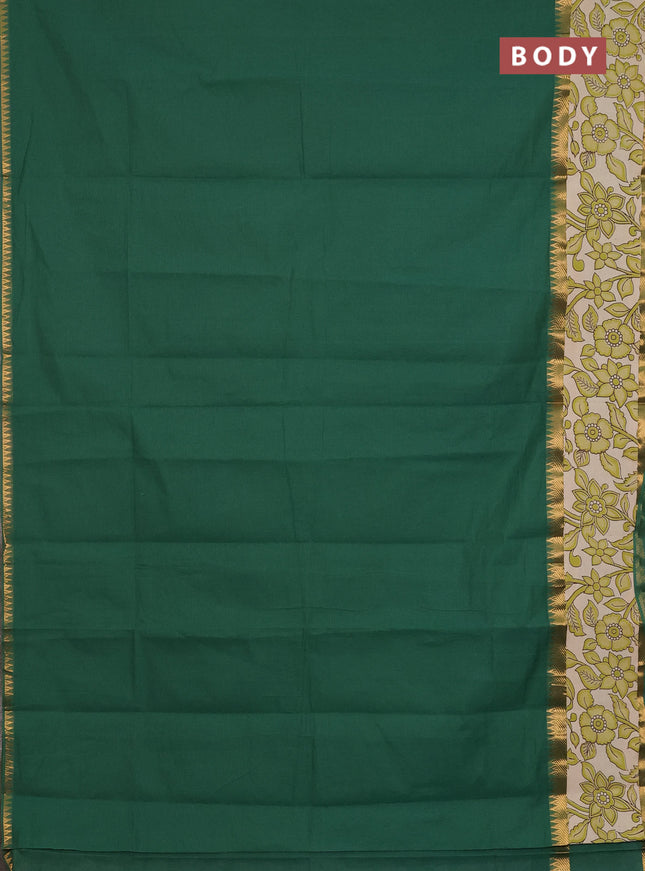 Mangalagiri cotton saree green and beige with plain body and rettapet zari woven kalamkari border
