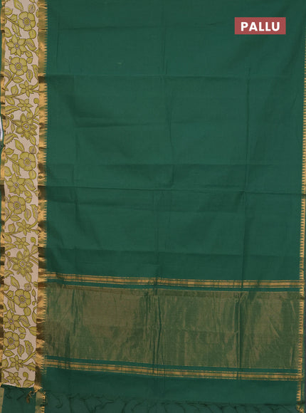 Mangalagiri cotton saree green and beige with plain body and rettapet zari woven kalamkari border