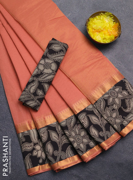 Mangalagiri cotton saree peach shade and black with plain body and rettapet zari woven kalamkari border