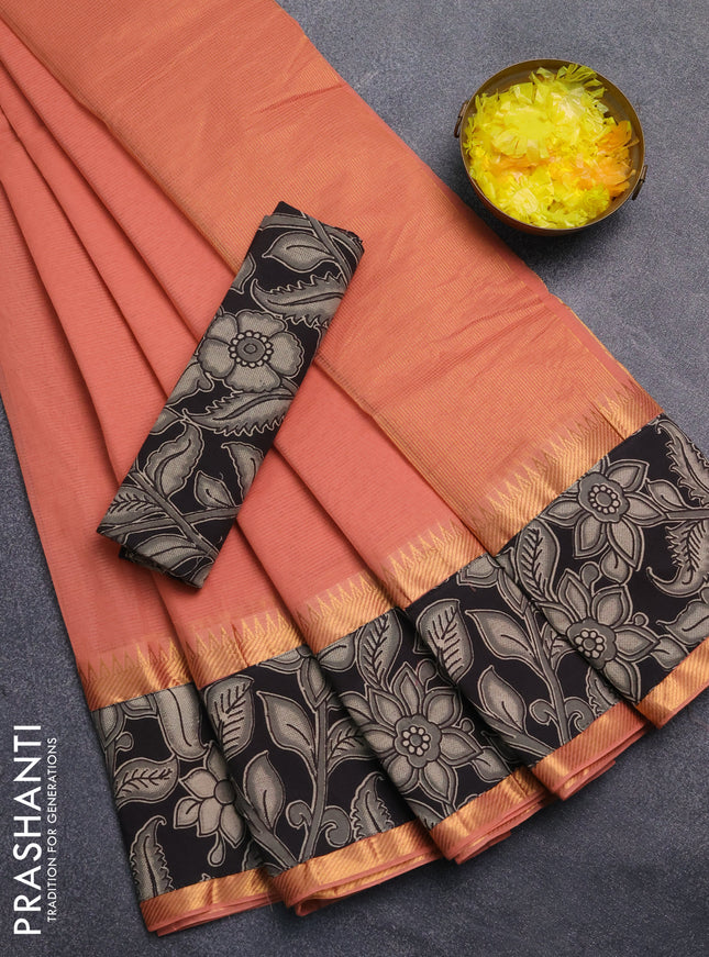 Mangalagiri cotton saree peach shade and black with plain body and rettapet zari woven kalamkari border