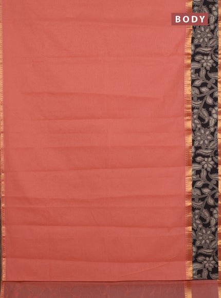 Mangalagiri cotton saree peach shade and black with plain body and rettapet zari woven kalamkari border