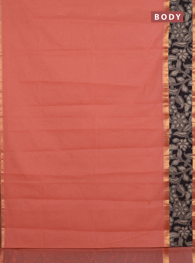 Mangalagiri cotton saree peach shade and black with plain body and rettapet zari woven kalamkari border