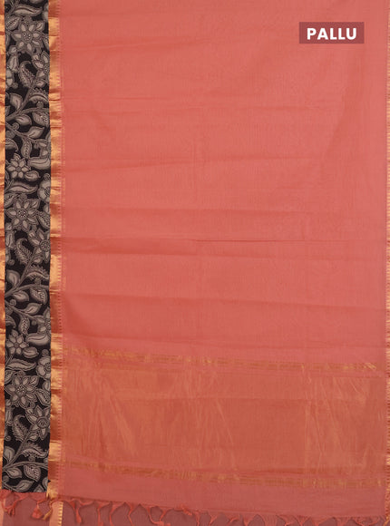 Mangalagiri cotton saree peach shade and black with plain body and rettapet zari woven kalamkari border