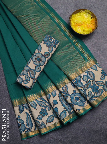 Mangalagiri cotton saree teal green and beige with plain body and rettapet zari woven kalamkari border